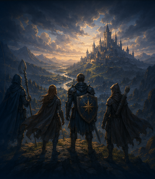 Quattro avventurieri osservano una città fantasy in lontananza